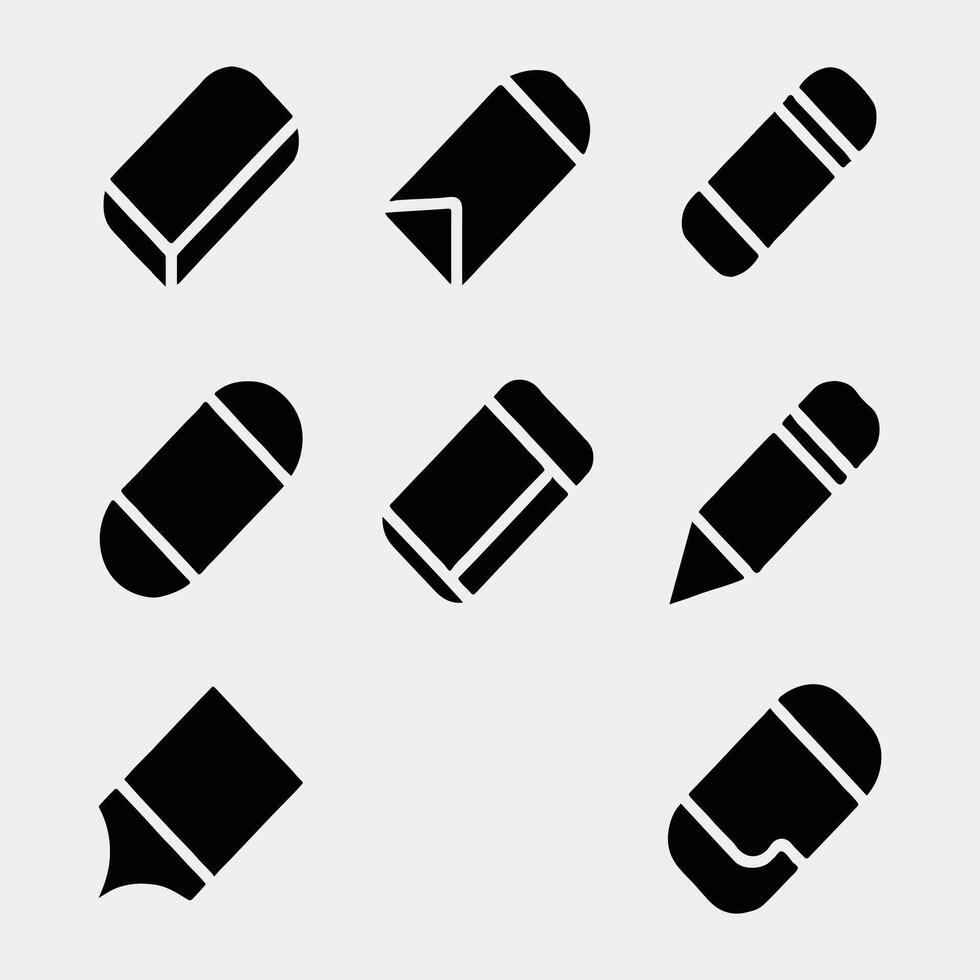 Collection of Bold Glyph Icons of Stationery Erasers and Writing Pencils vector