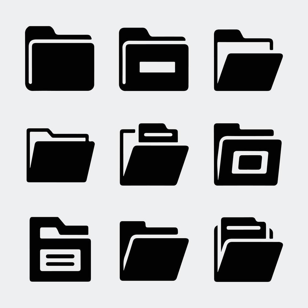 Collection of Solid Black Flat Folder Icons for Document Management vector