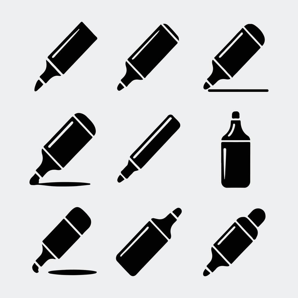 Collection of Bold Glyph Marker Pen Icons for Art and Office Use vector