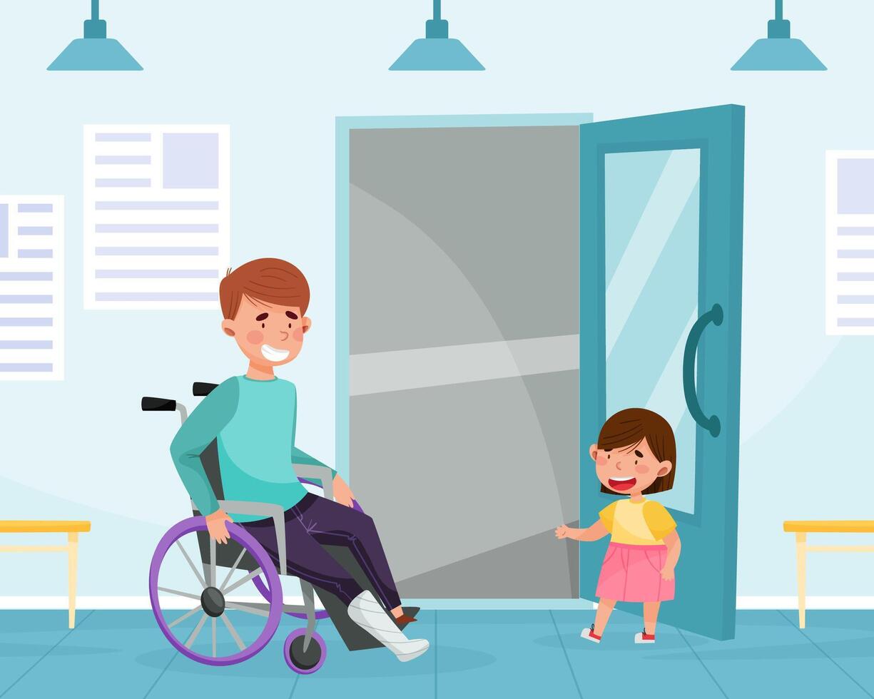 Polite Girl Character Open Door to Disabled Man Having Good Manners Illustration vector