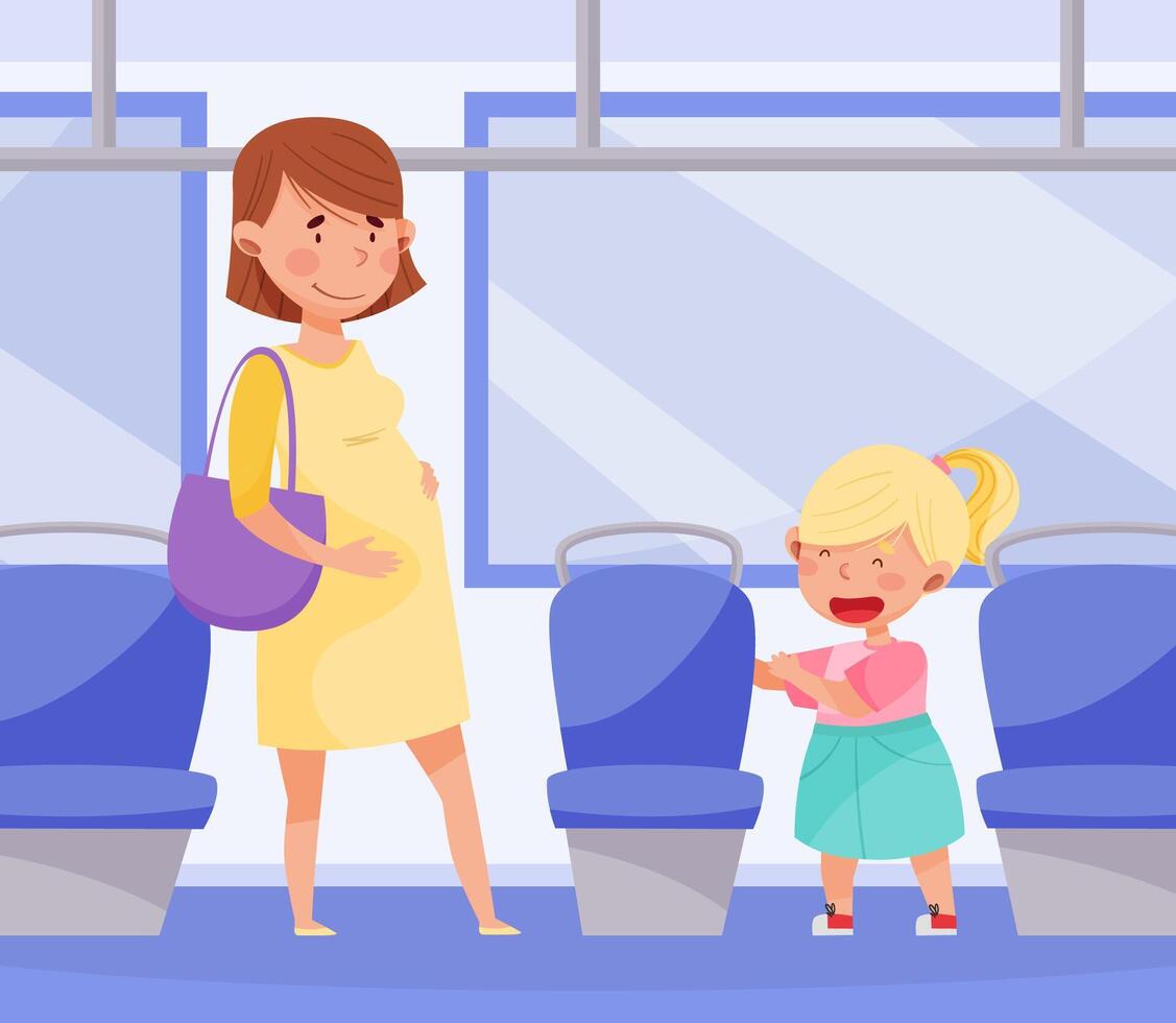 Polite Girl Character Yield Seat to Pregnant Woman Having Good Manners Illustration vector