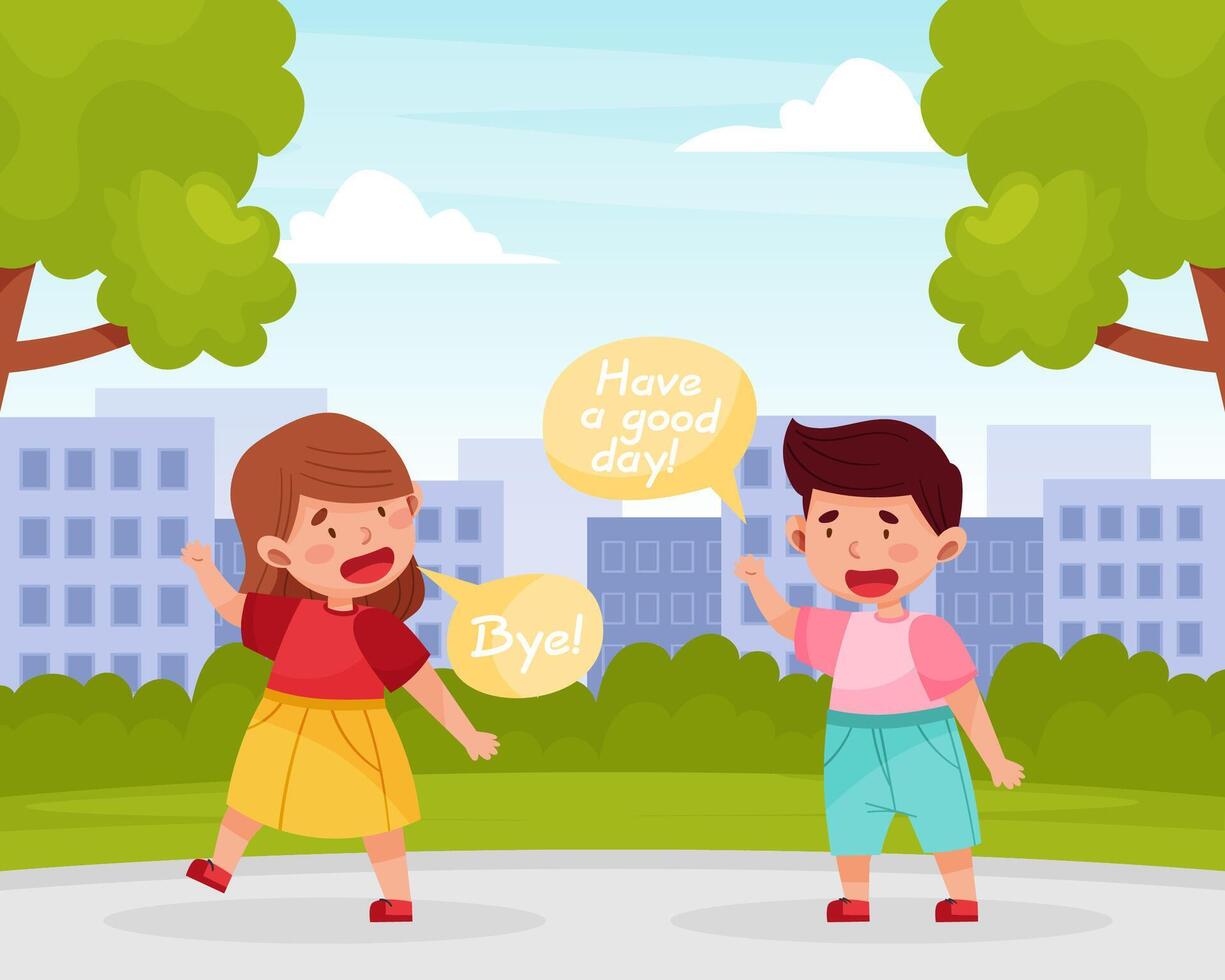 Polite Boy Character Greeting with Girl Friend Having Good Manners Illustration vector
