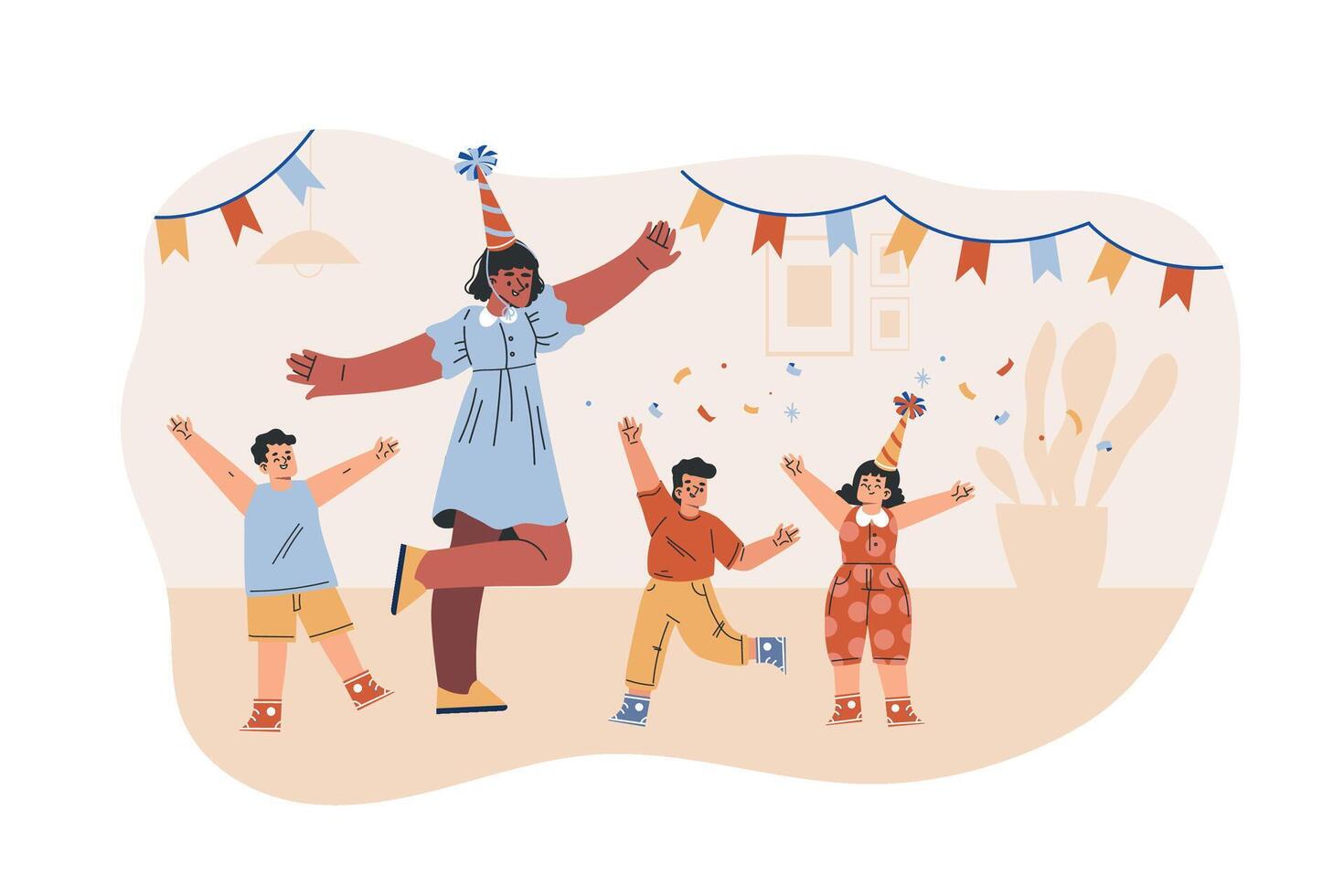 Preschool Kids with Woman Kindergarten Teacher Dance Celebrate Holiday Illustration vector