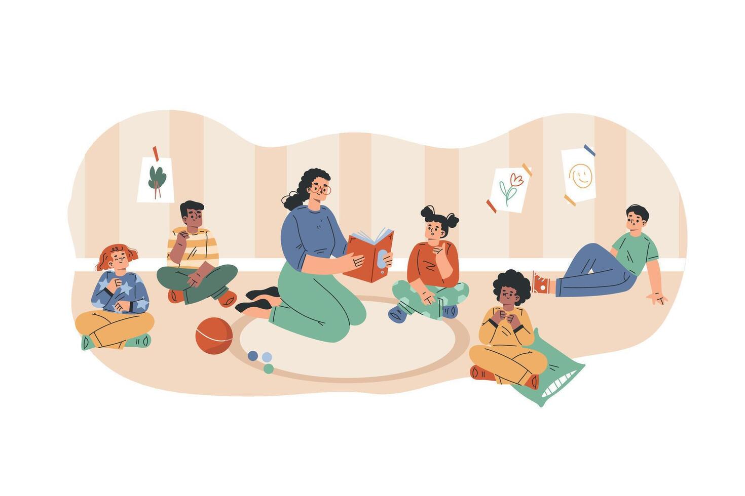 Preschool Kids with Woman Kindergarten Teacher Listen to Story Reading Book Illustration vector