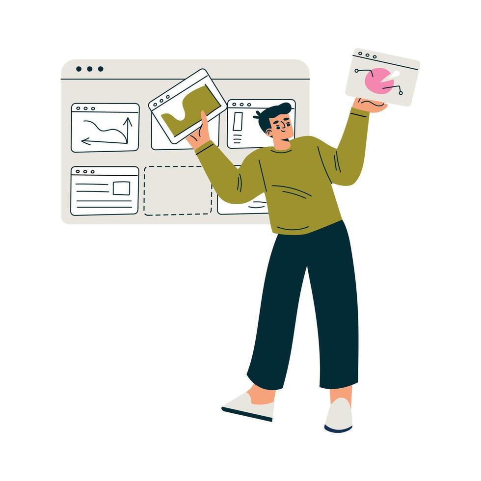 Productive Workflow with Man with Window Screen Managing Task Illustration vector