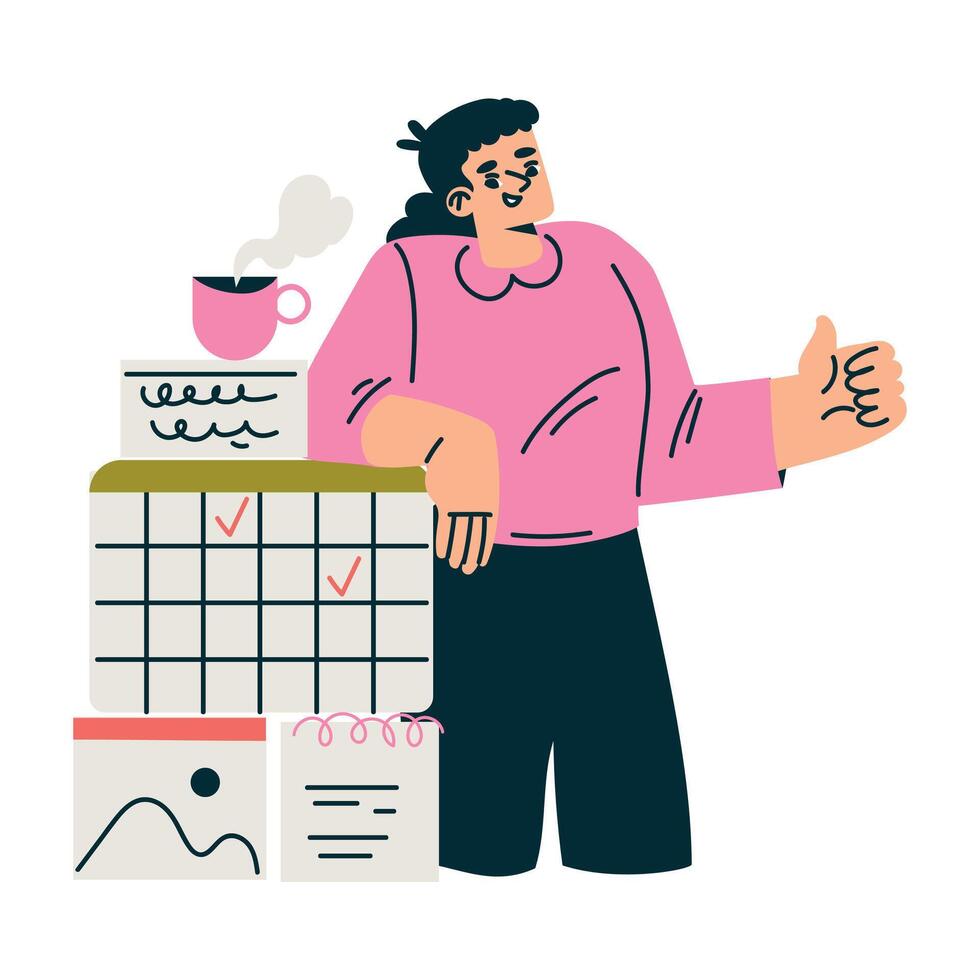 Productive Workflow with Woman at Calendar Show Thumb Up Managing Task Illustration vector