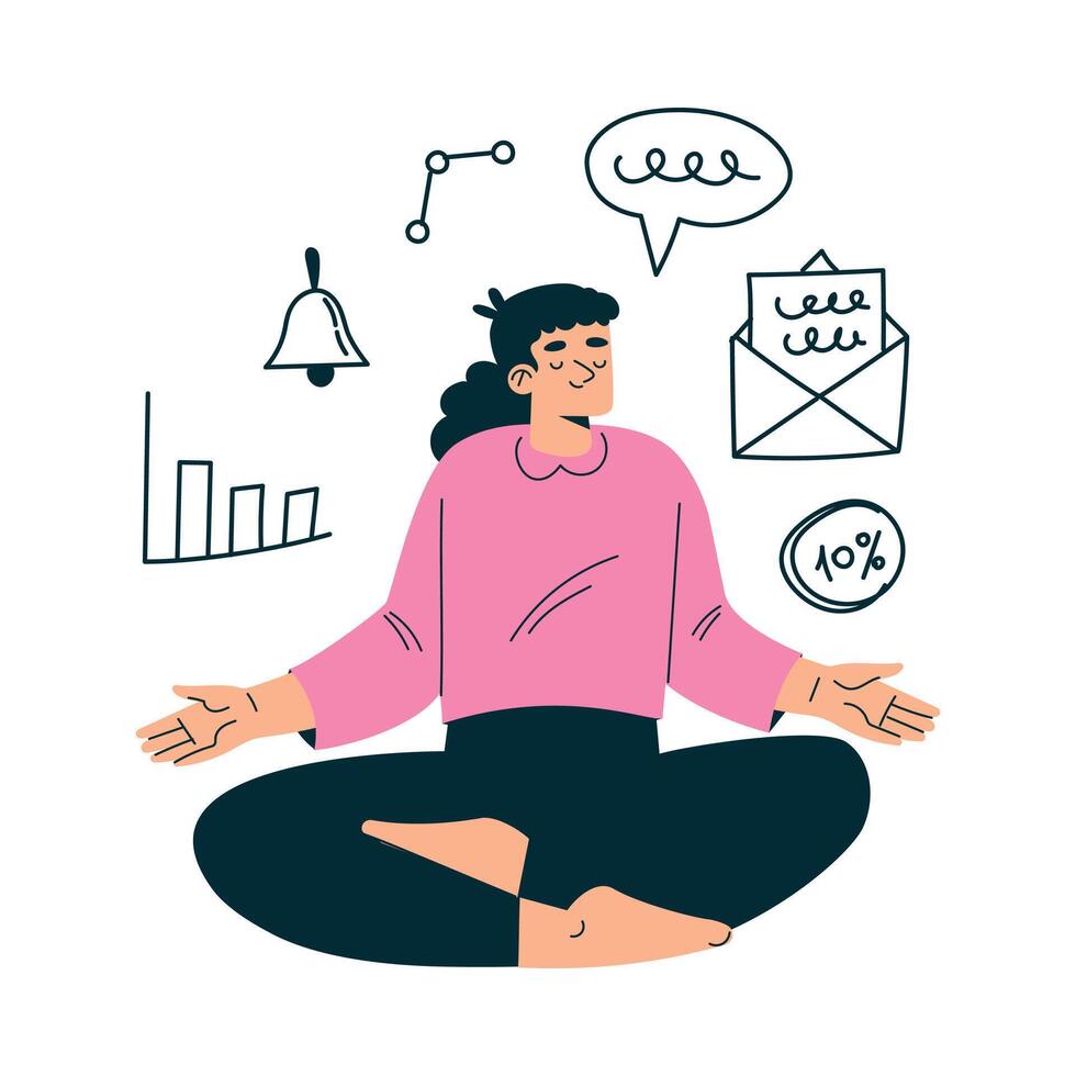 Productive Workflow with Woman Sit in Meditation Pose Managing Task Illustration vector