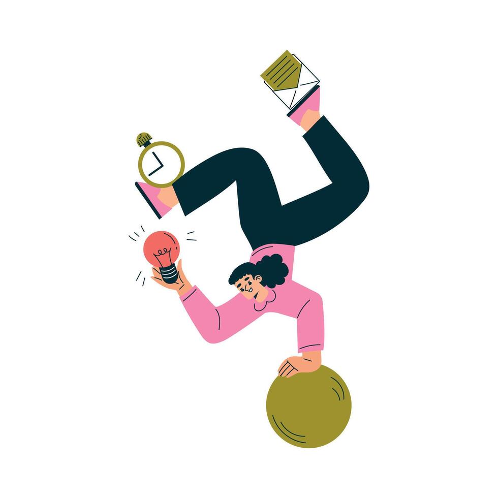 Productive Workflow with Woman Balancing on Ball Managing Task Illustration vector