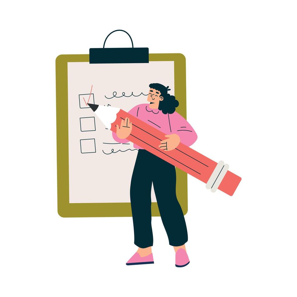 Productive Workflow with Woman at Checkbox List Managing Task Illustration vector