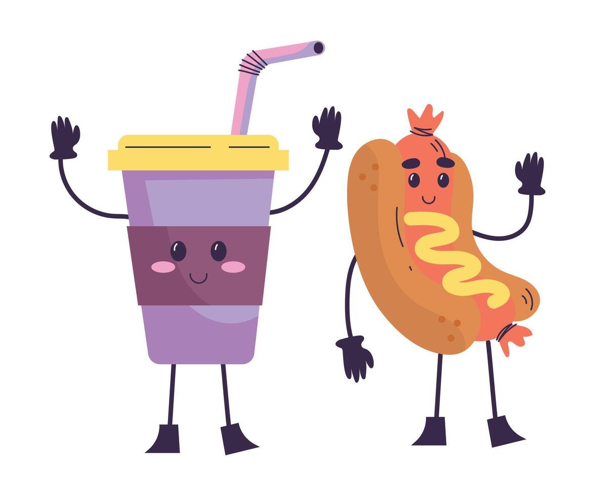 Cute Soda Drink and Hot Dog Product with Smiling Face and Legs Illustration vector