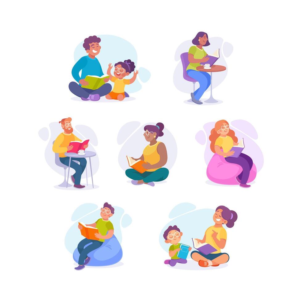 Man and woman with Kid Reading Book Illustration Set vector