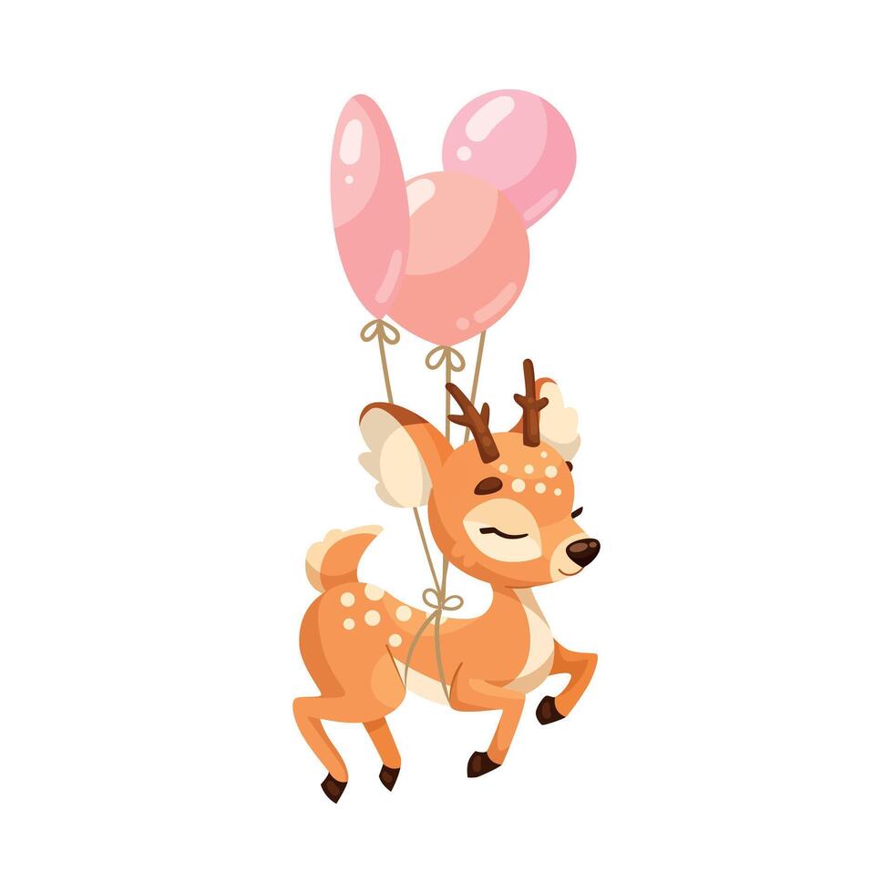 Cute Reindeer Baby with Spotted Body and Antler Fly with Pink Balloon Illustration vector