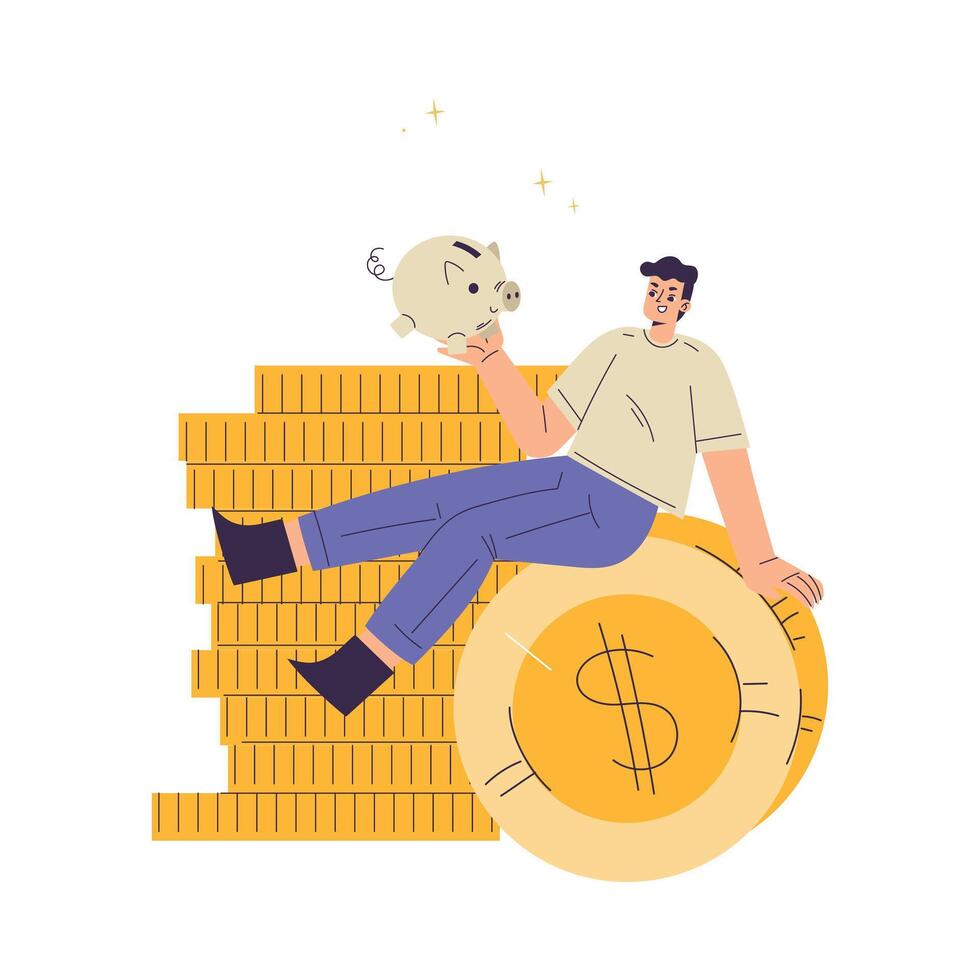 Rich Man Character Sit on Pile of Golden Coin Illustration vector