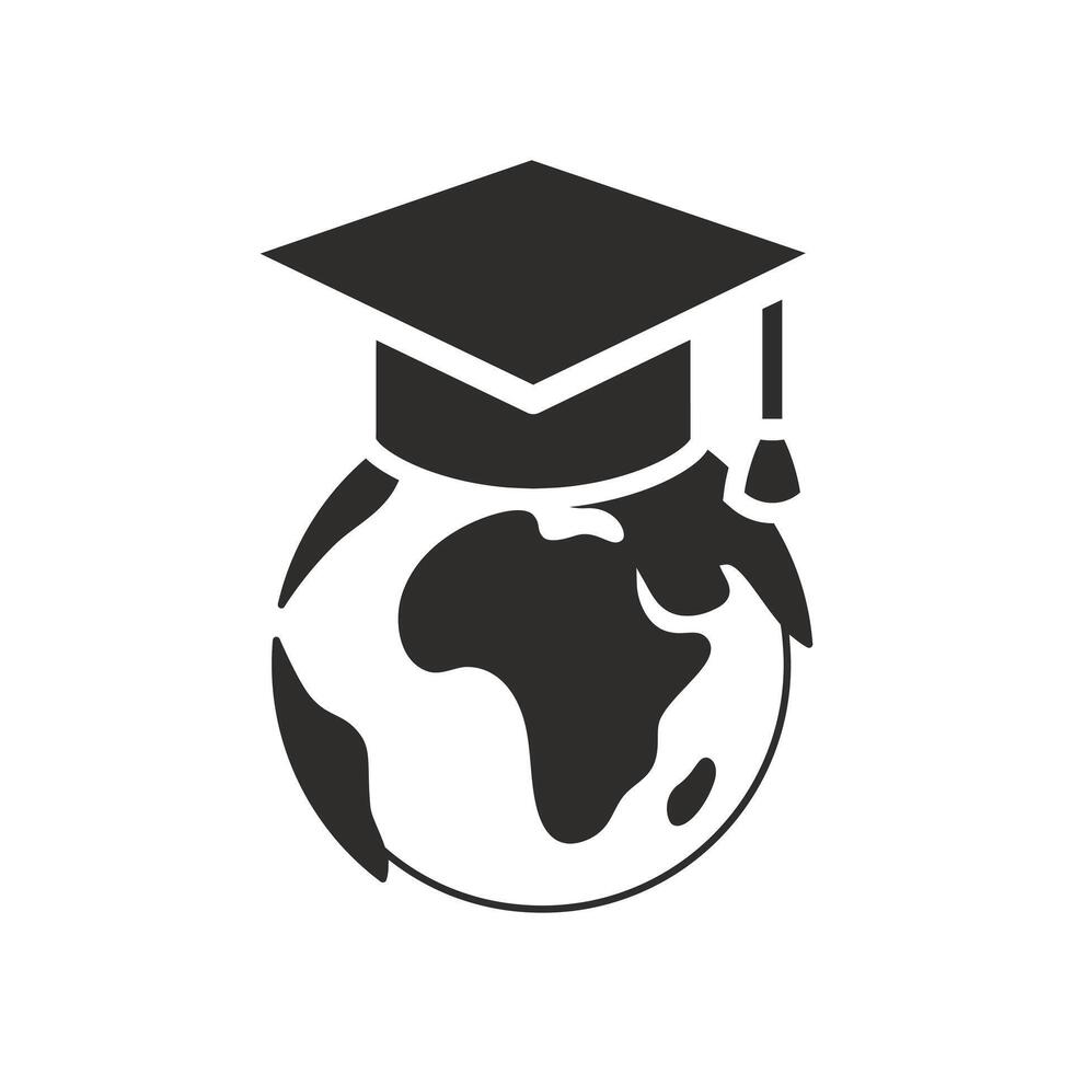 earth in graduate hat, international education icon, world globe university, academy online learn, global distance education, flat illustration vector
