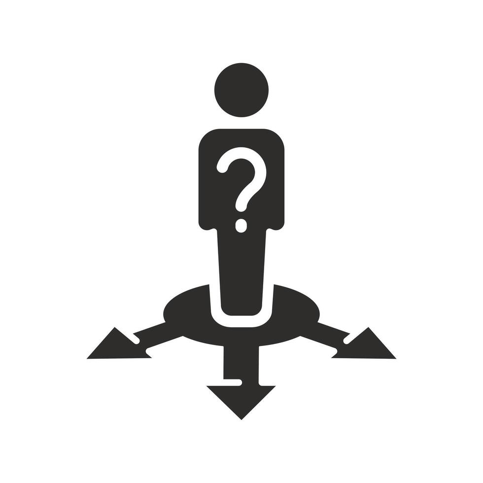 people choice lost, man with question decision icon, answer doubt, business direction crossroad, person in confuse, flat illustration vector