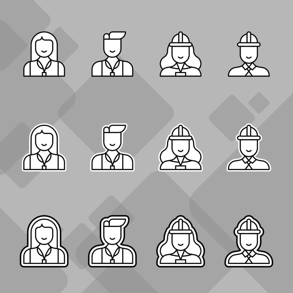 Set of construction workers icons, including a woman, man, and a man in a hat vector