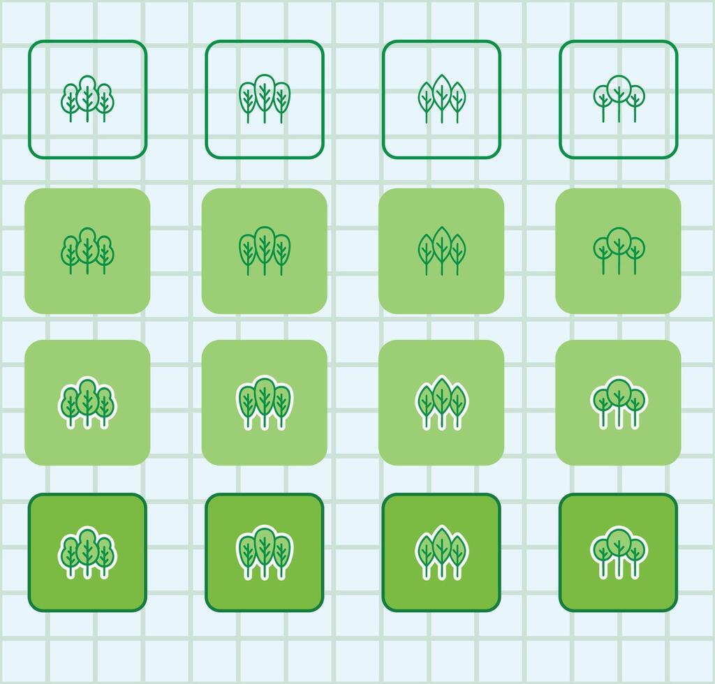 A set of green square icons with trees on them vector