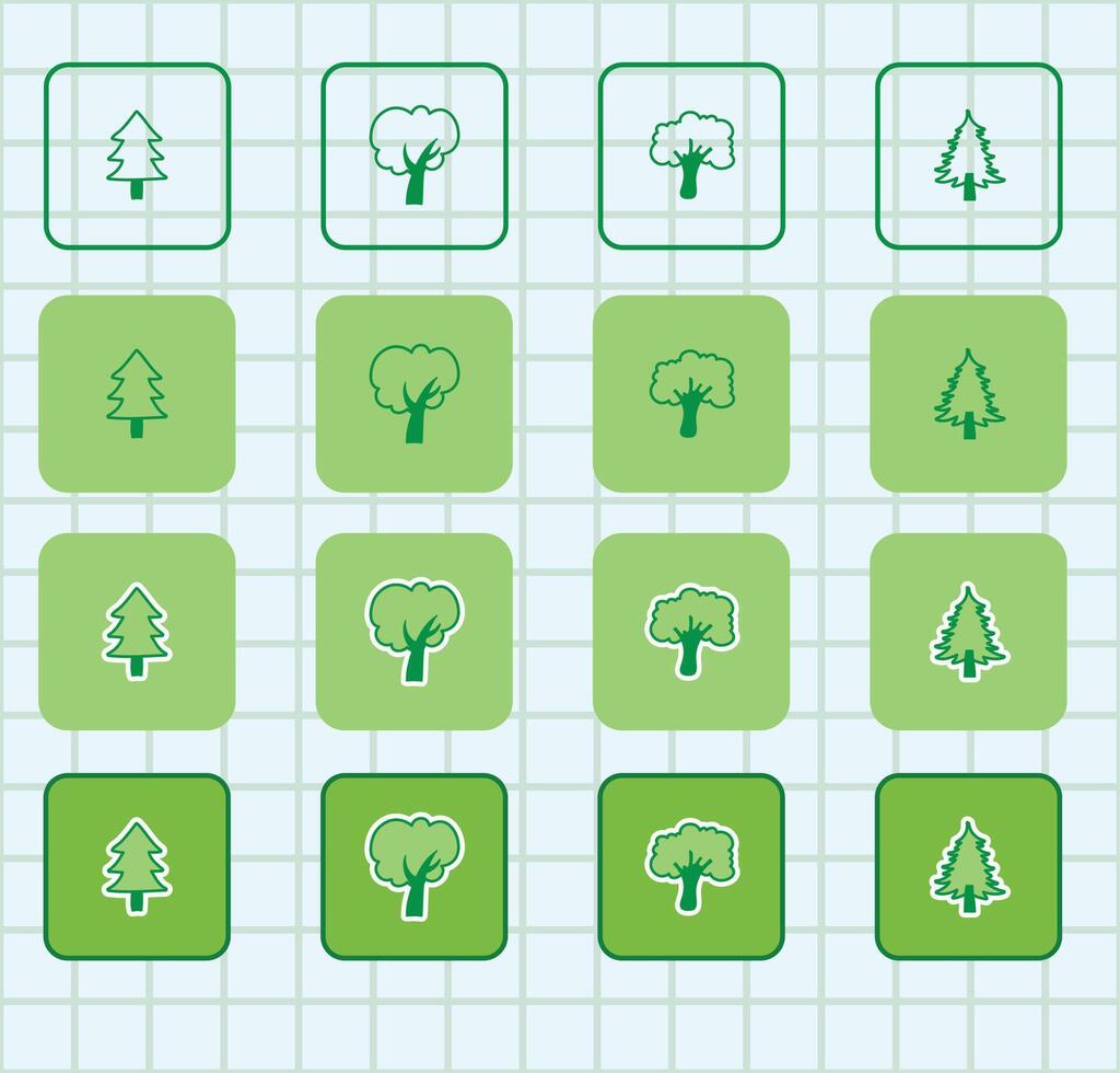 A set of icons with trees and trees on green squares vector
