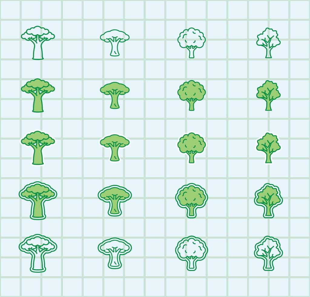 A set of green trees and mushrooms on a grid vector