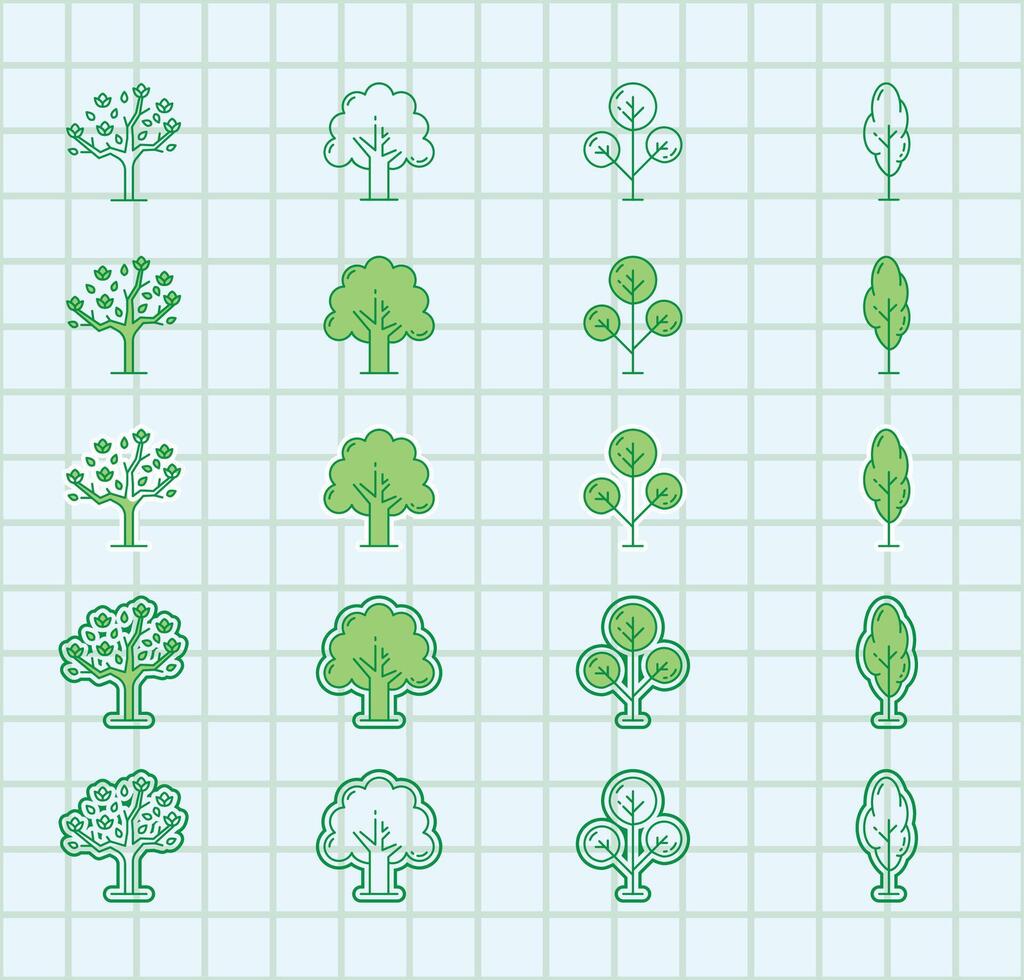 A set of trees icons in green on a grid vector
