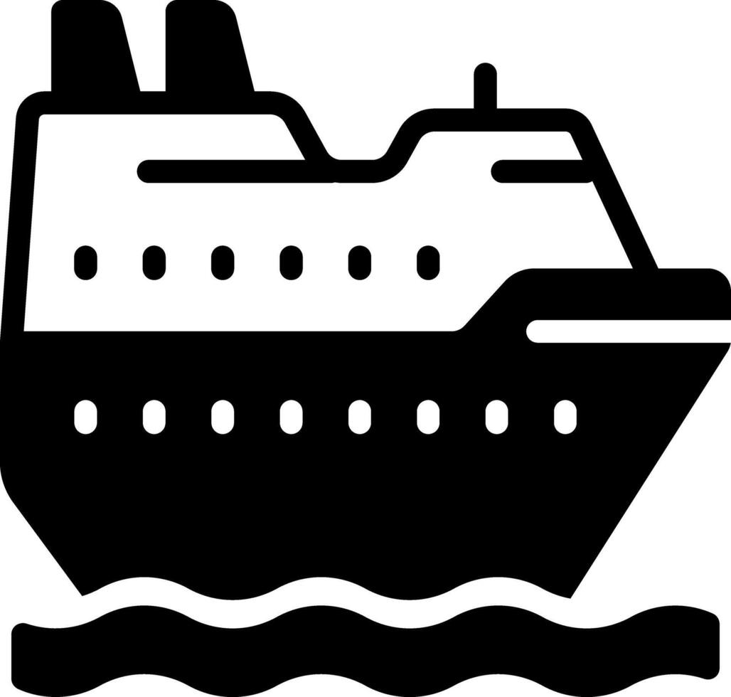 Cruise ship pixel perfect glyph solid icon. Ocean liner sailing. Sea travel by comfortable vessel. Maritime transport. Black silhouette symbol on negative space. Isolatedillustration vector