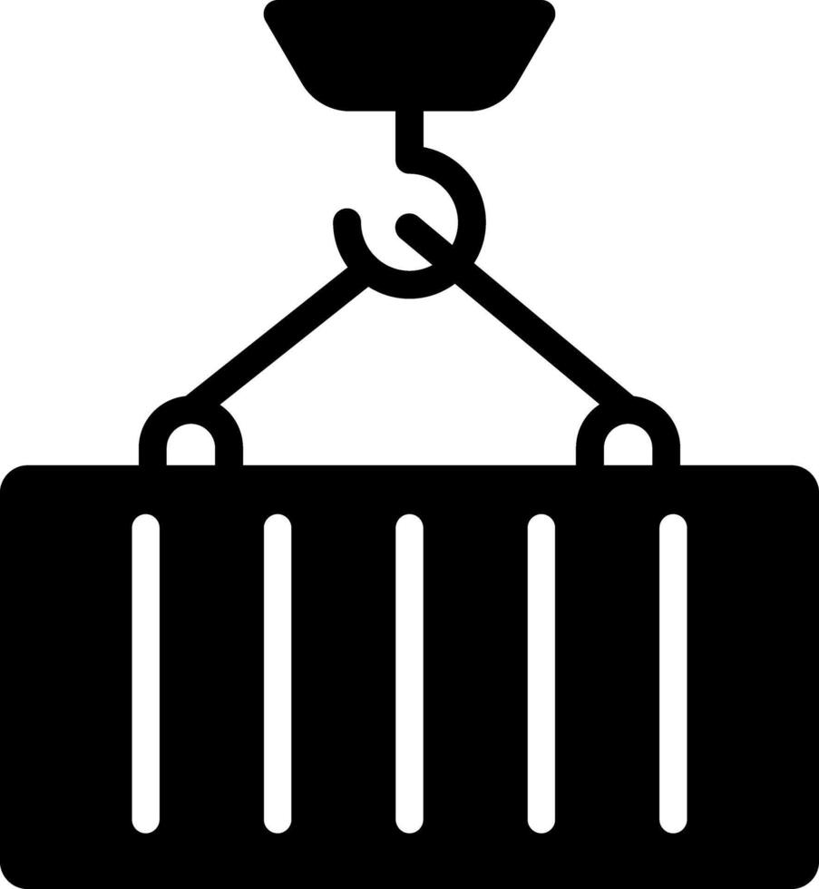 Container loading pixel perfect glyph solid icon. Crain transports heavy cargo. Lifting equipment of marine port. Black silhouette symbol on negative space. Isolatedillustration vector