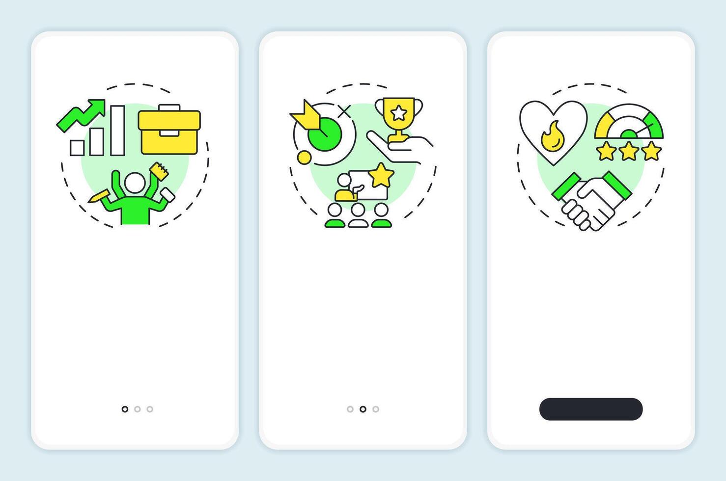 Job satisfaction benefits onboarding mobile app screen. Walkthrough 3 steps editable graphic instructions with linear concepts. UI, UX, GUI vector