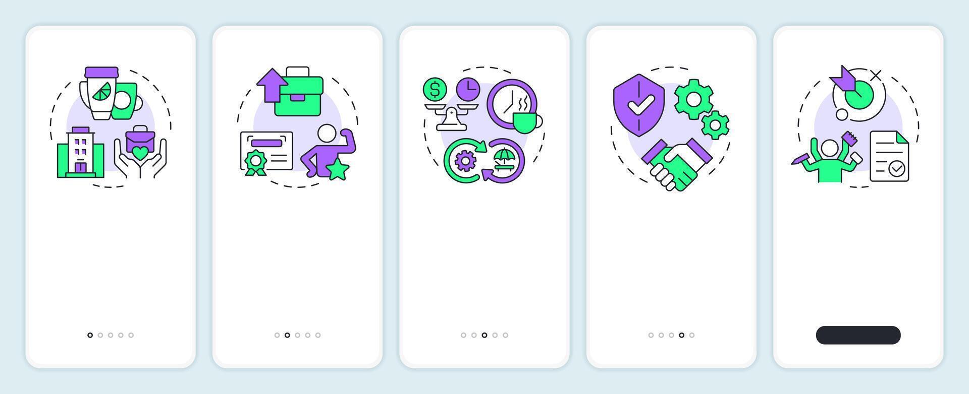 Job satisfaction key drivers onboarding mobile app screen. Walkthrough 5 steps editable graphic instructions with linear concepts. UI, UX, GUI vector