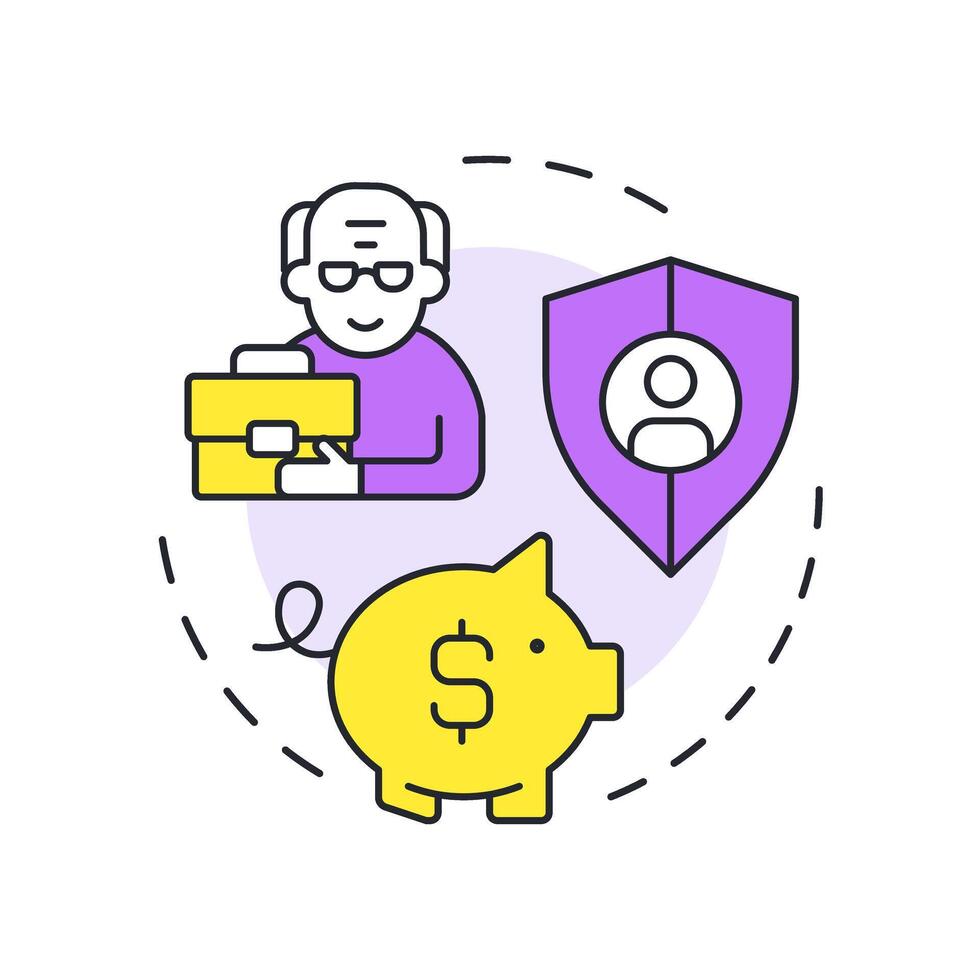 Retirement benefits multi color concept icon. Financial planning, investment. Pension, savings. Round shape line illustration. Abstract idea. Graphic design. Easy to use in article, blog post vector