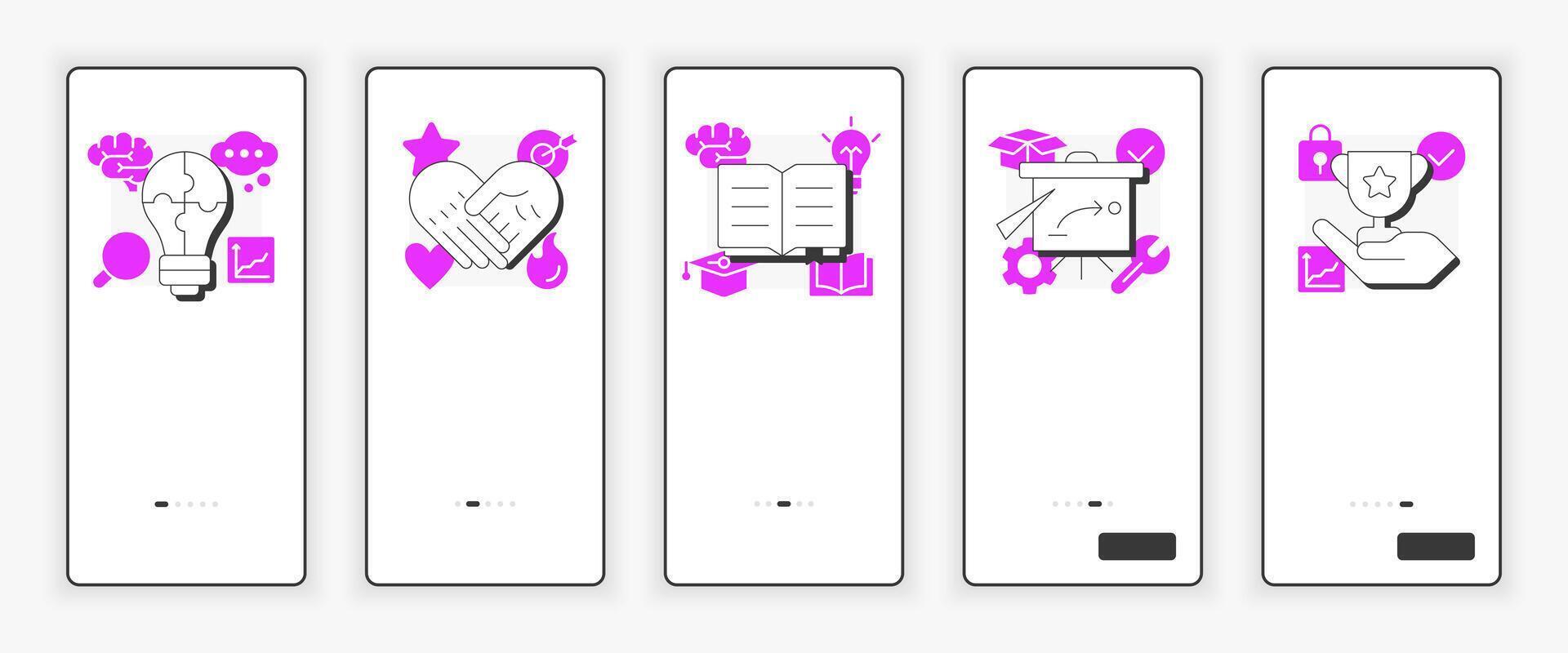 ADKAR model mobile onboarding screen. Organizational change management. Business UX UI illustration. Flat outline style icons with pink accent vector