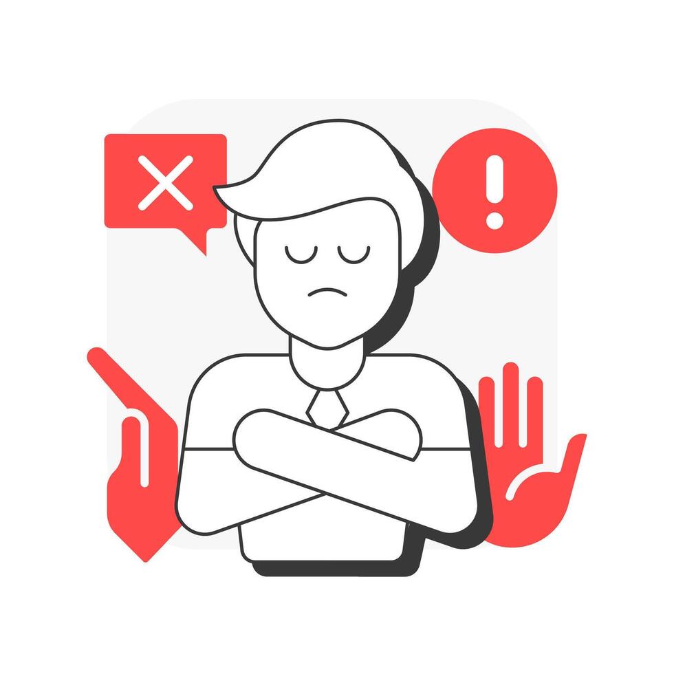 Denial flat outline concept icon. Initial reaction to change. Refuse to believe and acknowledge. Five stages of grief. Modern line illustration with red glyphs. Conceptual visual. Easy to edit vector