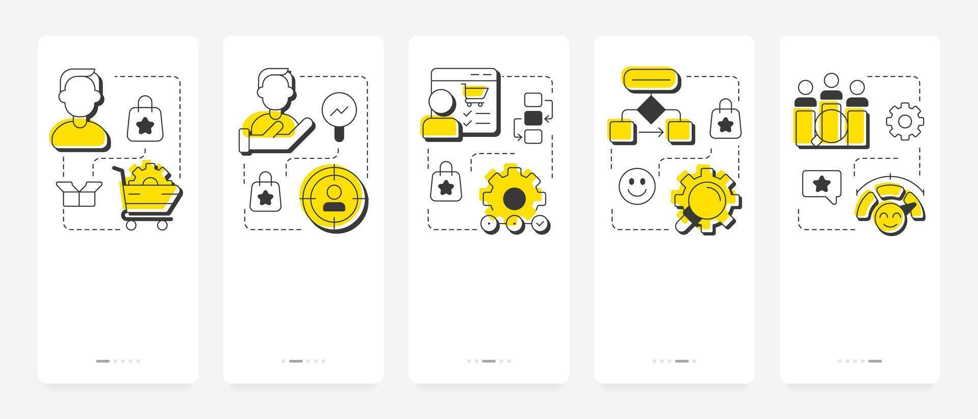 Gap analysis tools mobile app onboarding screens. Performance improvement. Methods of business research. Flat UI UX design, yellow highlight with outline icons conceptual vector