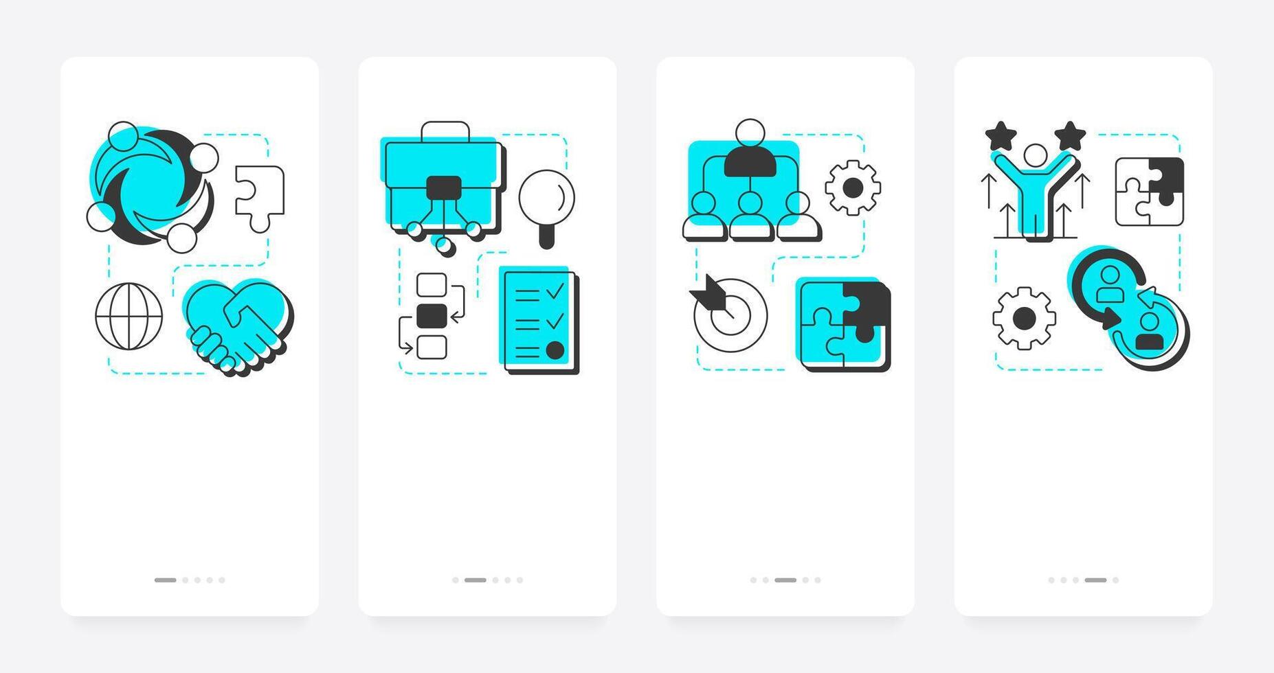Nadler Tushman congruence framework mobile app onboarding screens. Analyze business needs. Data research. Flat UI UX design, green highlight with outline icons conceptual vector