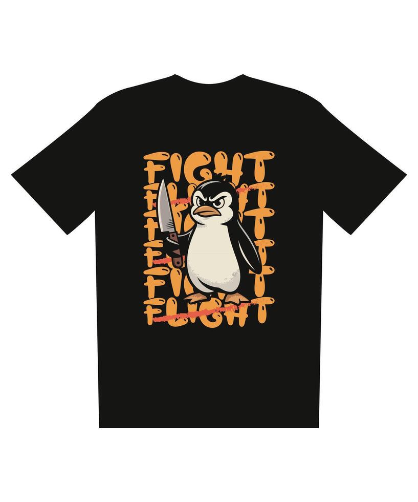 Aggressive Penguin T-Shirt Design Fight or Flight, Illustration, Dark Humor, Graphic Tee Mockup vector