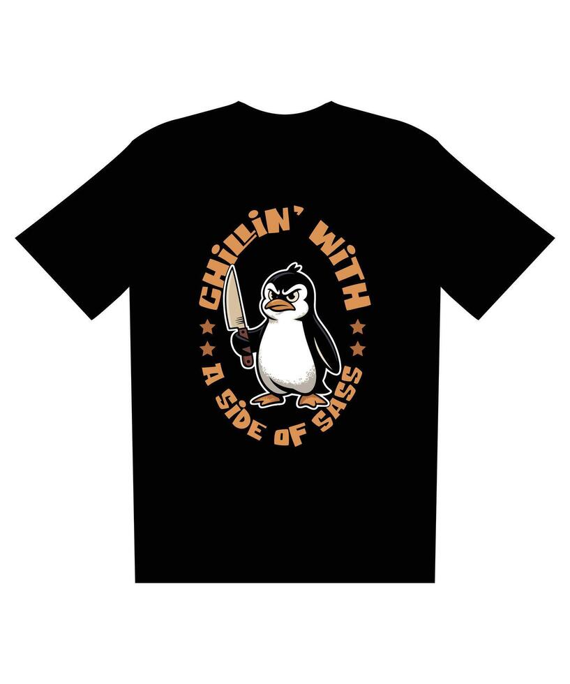 Sassy Penguin T-Shirt Design Dark Humor, Illustration, Cool Graphic, Black Apparel Mockup vector