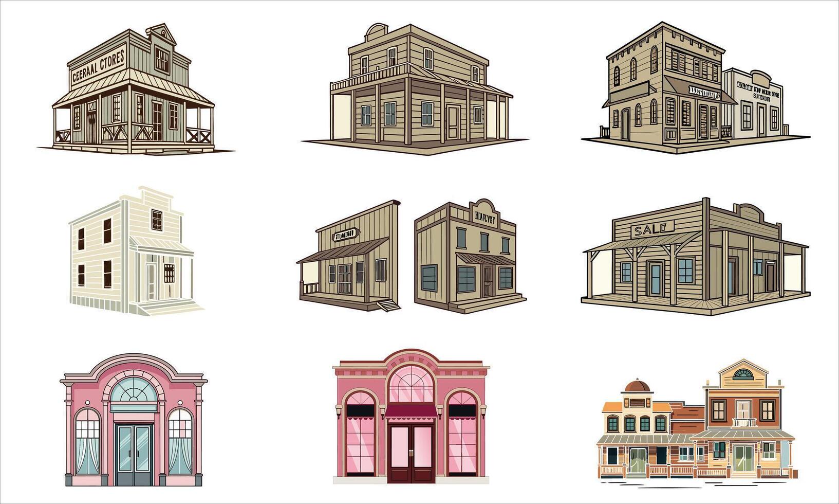 Old Western and Vintage Storefront Collection Historic Wild West Shops and Buildings Illustration Set vector