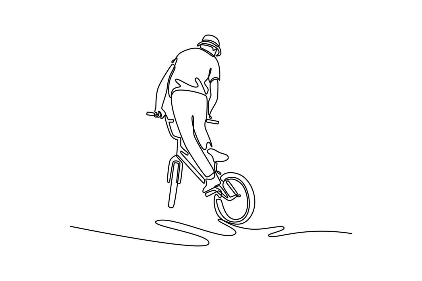 Continuous one line drawing young man expert in extreme sports practicing in skate park. Active urban guy practicing freestyle bmx trick and stunts. Single line draw design graphic illustration vector