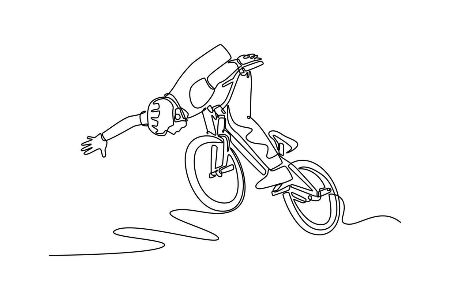 Continuous one line drawing BMX bicycle rider flying and performing stunt no hand in quarter pipe. Active BMX freestyler athlete doing aerial trick. Single line draw design graphic illustration vector