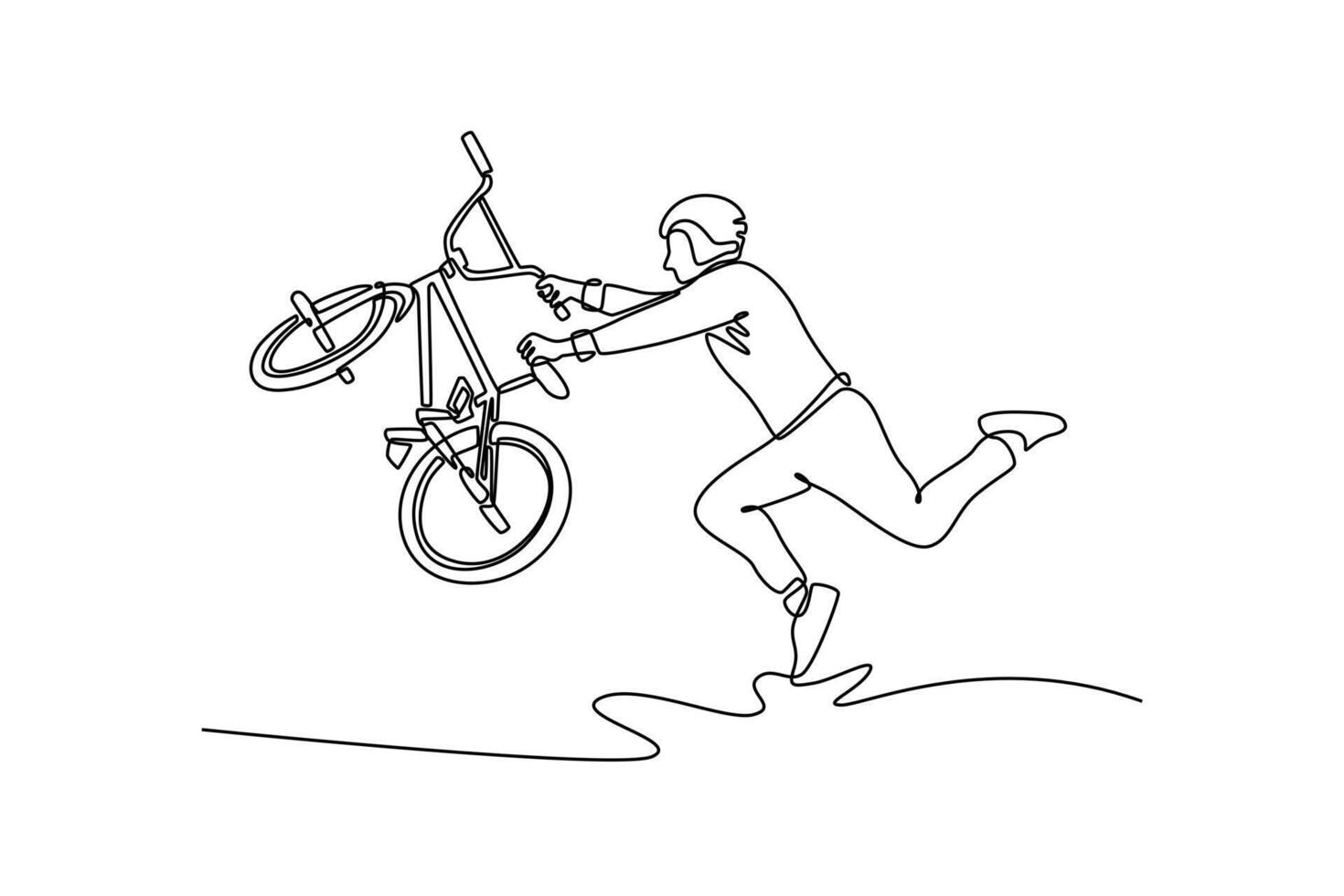 Single continuous line drawing teenager BMX racing rider performs tricks in skate park on pump track. Extreme sport, dynamic, hobby, freestyle. Dynamic one line draw graphic design illustration vector