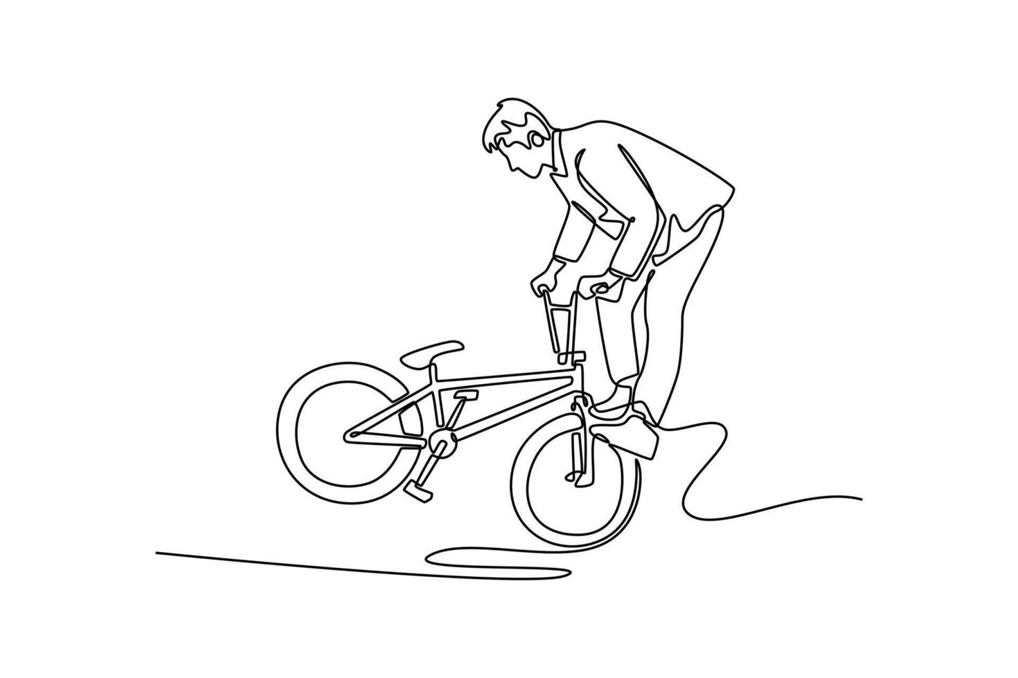 Single continuous line drawing BMX rider performs tricks while on the front wheel steps. Young man shows freestyle on bike and makes dangerous moves. One line draw graphic design illustration vector
