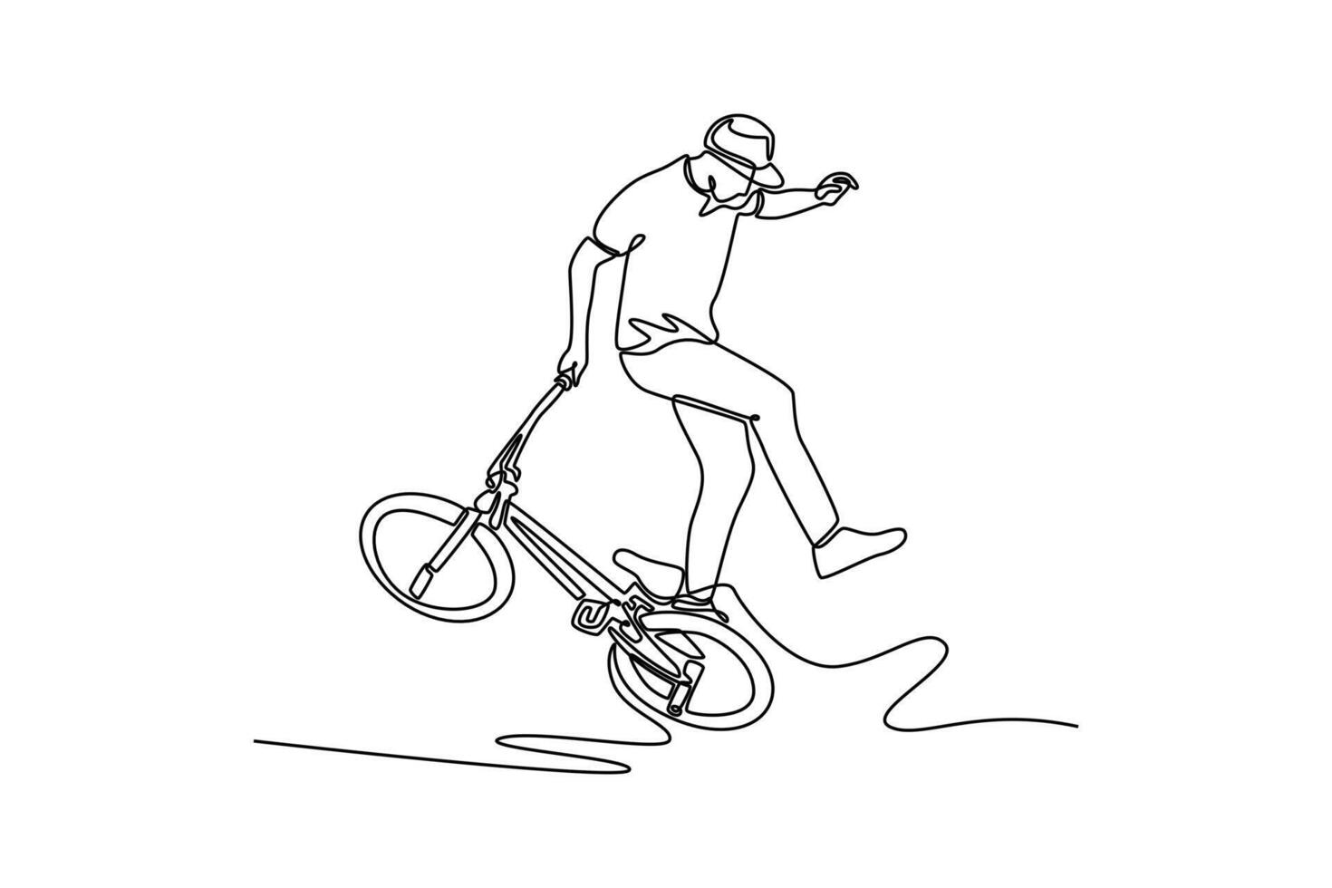 Single continuous line drawing young male performing freestyle bmx bike tricks with rotating his bike in skate park. Active man doing extreme sports. One line draw graphic design illustration vector