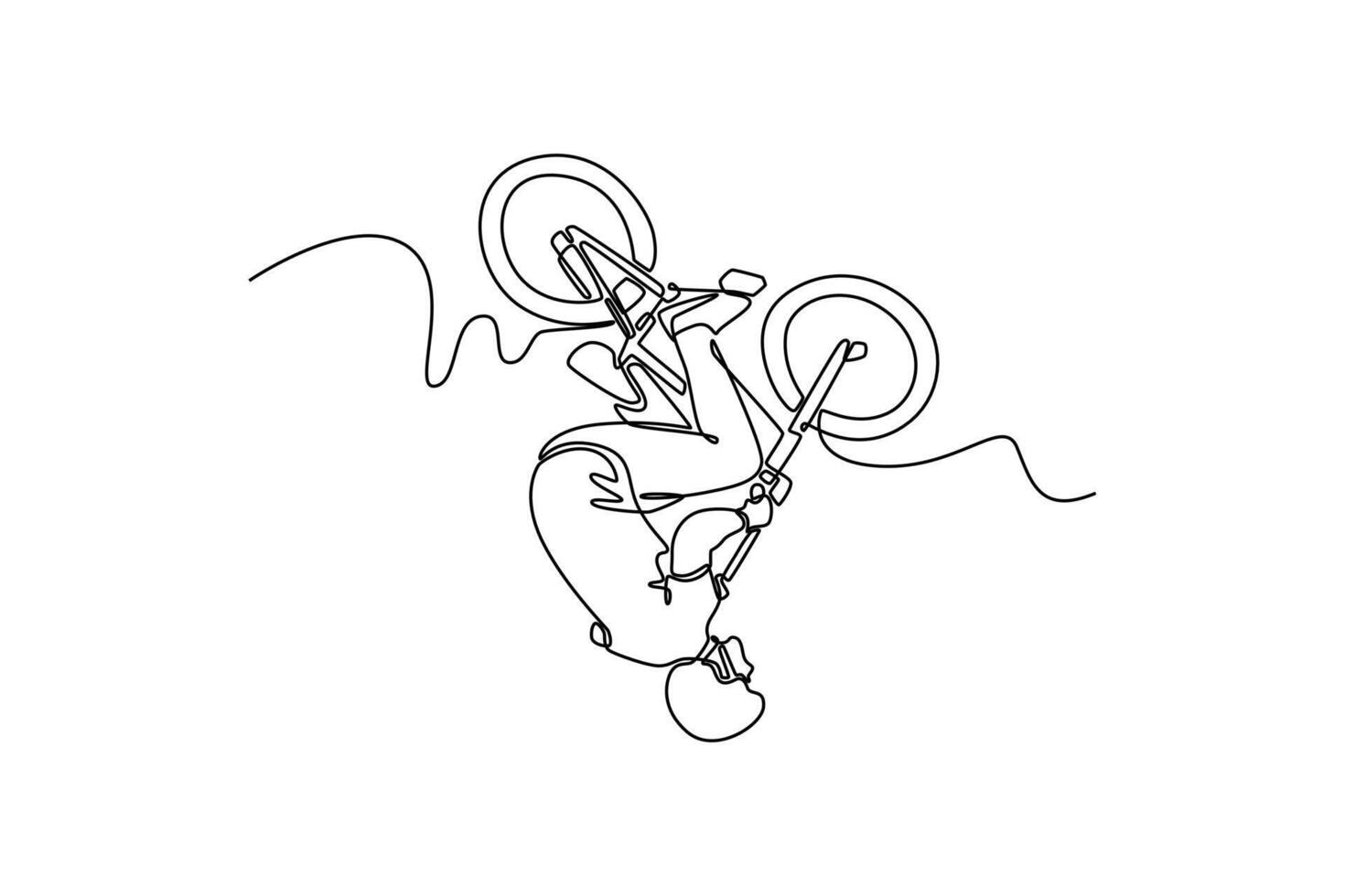 Single one line drawing professional freestyle bmx rider performing tricks and stunts in skate park. Extreme man practicing for X games event. Continuous line draw design graphic illustration vector