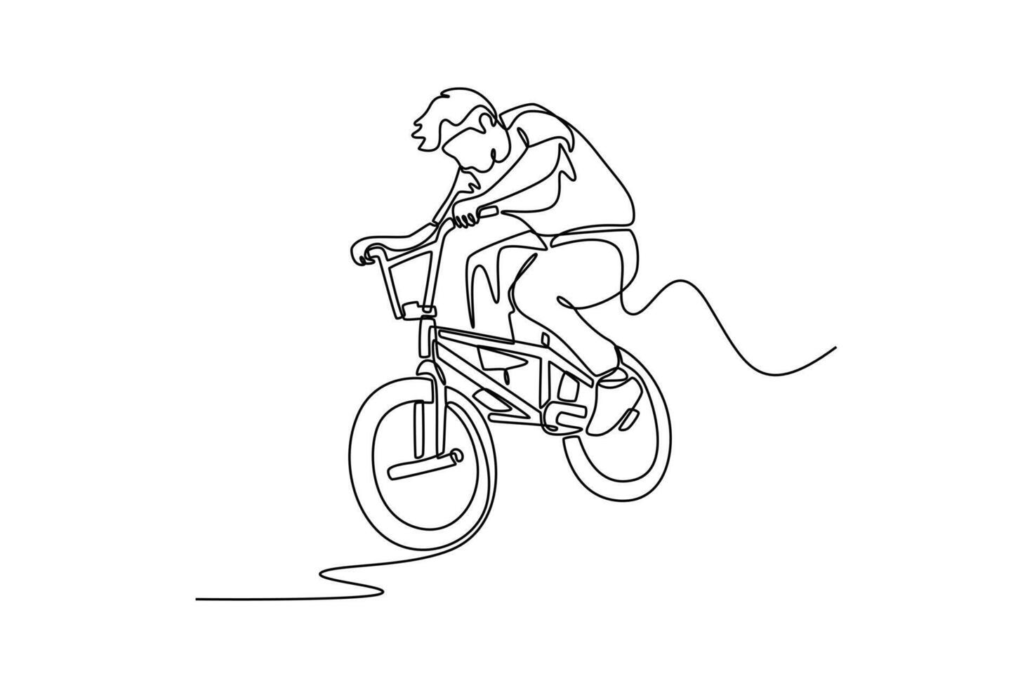 Single one line drawing active professional male athlete exercising bmx acrobatic. Skilled BMX freestyler jumping and doing aerial trick. Modern continuous line draw design graphic illustration vector