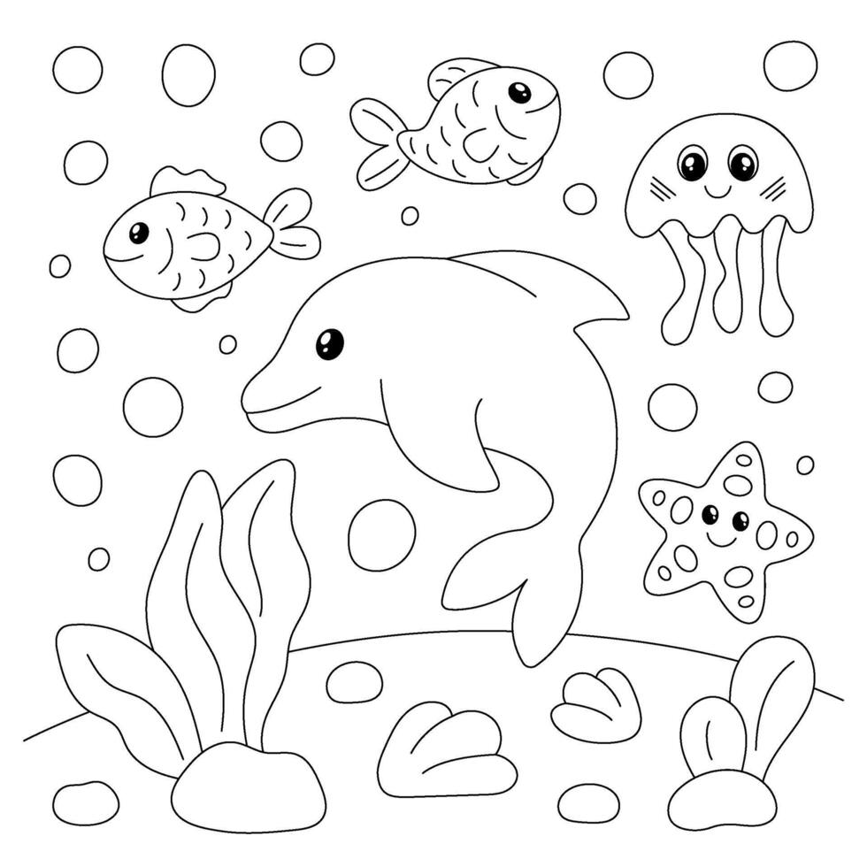 Coloring page with cute dolphin, fish, starfish and jellyfish. outline for children's coloring book. vector