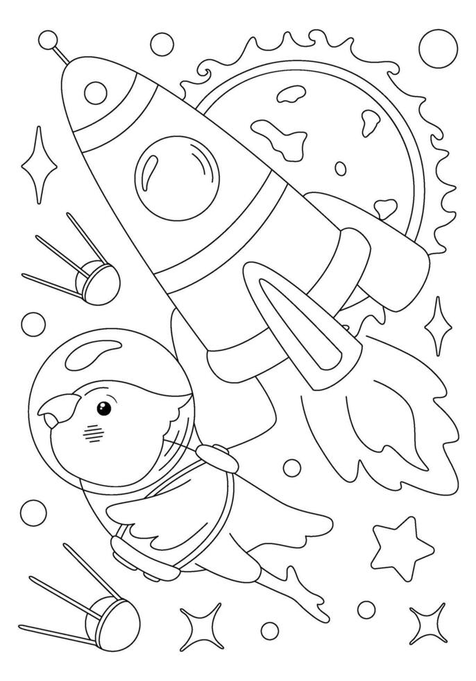 Coloring page with corella parrot astronaut, rocket, sun and stars. template for children coloring book, print and poster. vector