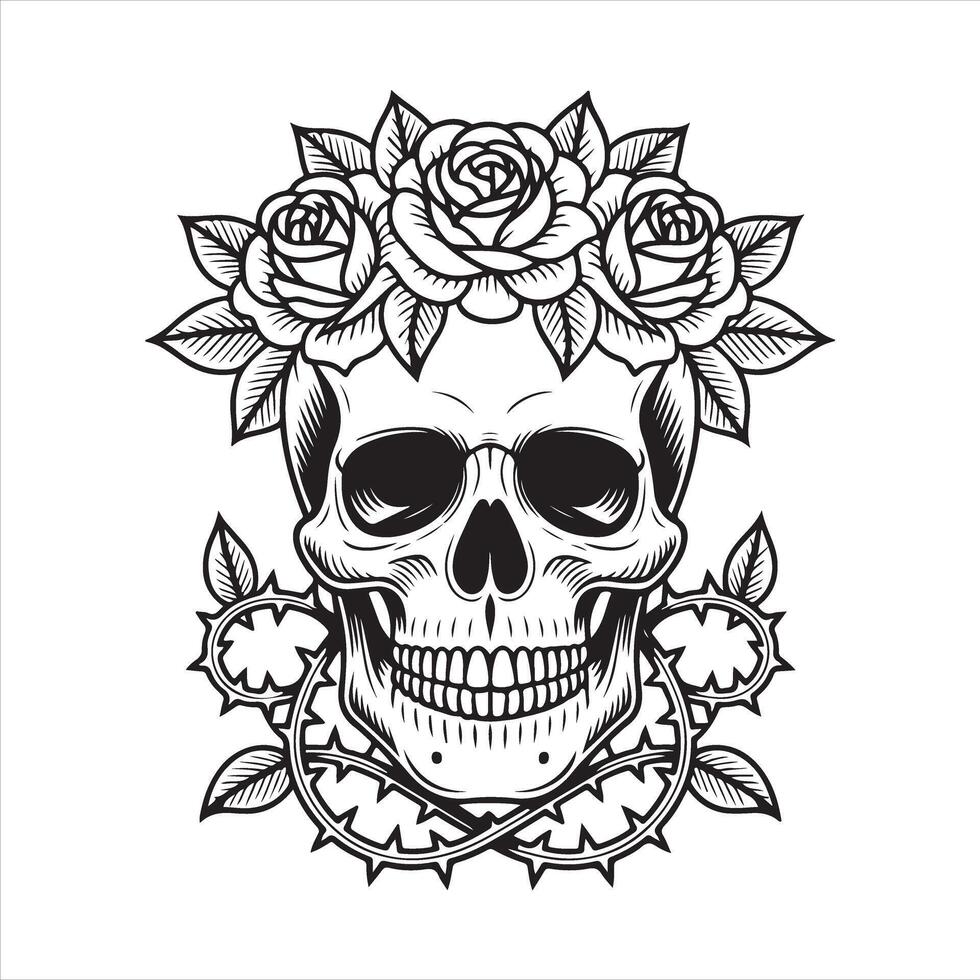 Skull with roses and leaves in the style of a tattoo vector