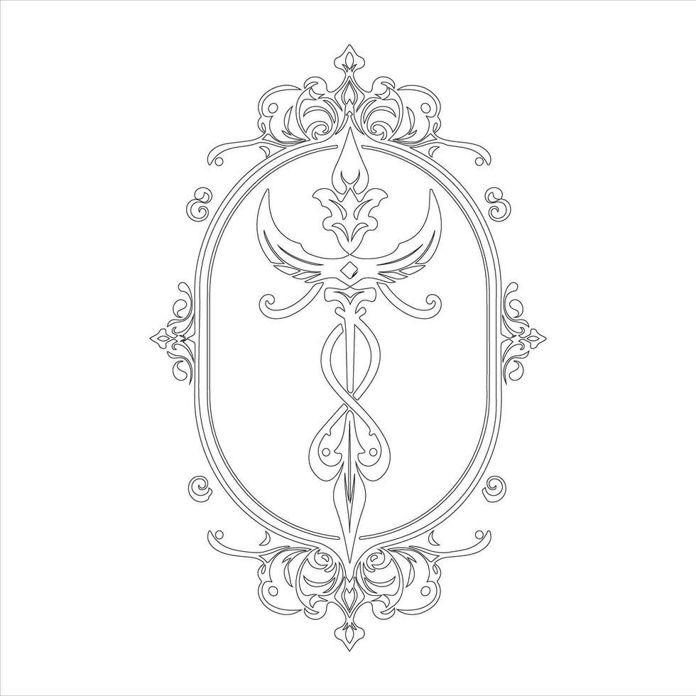 A black and white drawing of a ornate frame with a cross vector