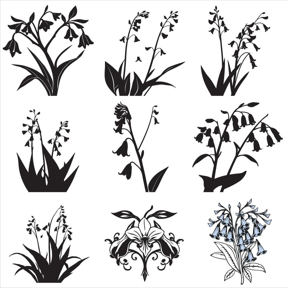 A set of black and white silhouettes of flowers vector