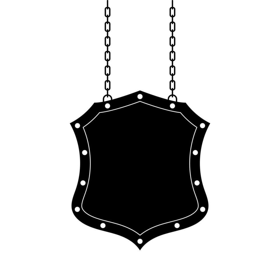 Vintage Hanging Shield Signboard with Chains. Black Silhouette Illustration. A vintage style hanging shield signboard suspended by two vertical chains. vector