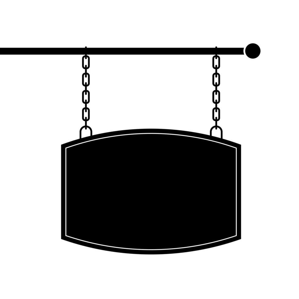 Vintage Hanging Signboard with Chains Illustration. This black and white Illustration features a vintage style hanging signboard suspended by two chains from a horizontal bar. vector